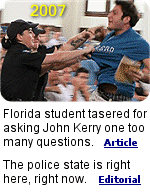 A Florida State University student was tasered after asking Sen. John Kerry about his failed bid for president and his membership in ''Skull & Crossbones''. The student was forced to the ground and cried out: ''Don�t Tase me, bro'', just before he was shot with the gun, which fires small dart-like electrodes with attached metal wires that connect to the gun.